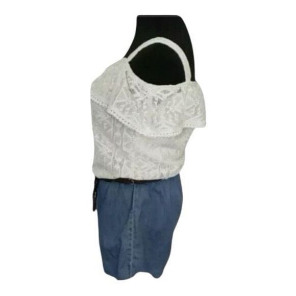 My Michelle Romper Beige Lace Top Belted Denim Shorts Girl Size XL Cold-Shoulder - Picture 5 of 7